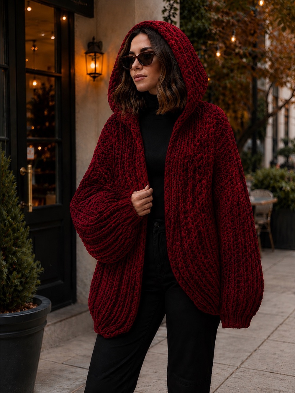 Chunky Crimson Red Knit Cardigan with Cable Pattern